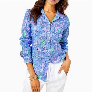 Lilly Pulitzer || Sea View Linen Button Down Blue Peri The Turtle Package XS NWT